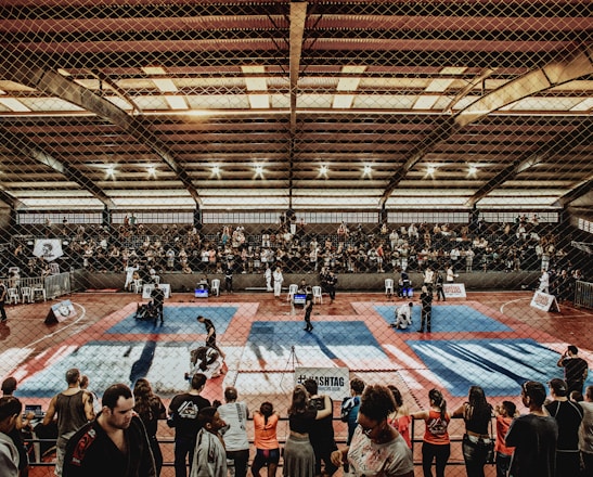 A large indoor arena with a high ceiling, filled with an audience seated on bleachers. In the center, two fighters are engaged in a martial arts competition on blue and red mats. The scene is captured through a mesh fence, adding a textured foreground.