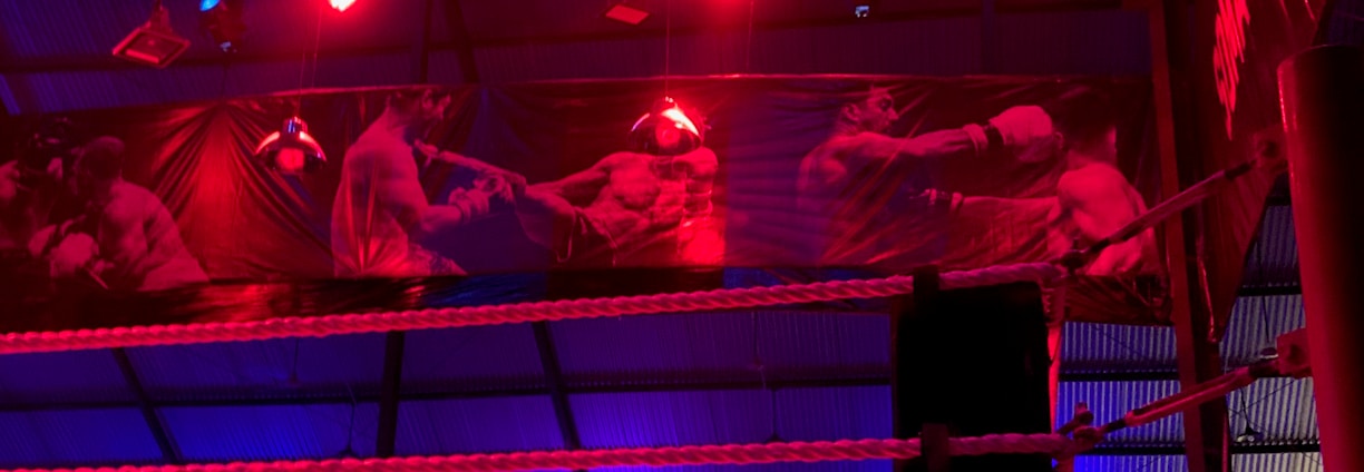 A brightly lit boxing or wrestling ring with vivid red and blue lights. Banners with images of fighters hang from the ceiling. The ropes of the ring are prominently visible, and a stool is placed inside the ring. The arena is filled with an audience, silhouetted against the colorful lighting.