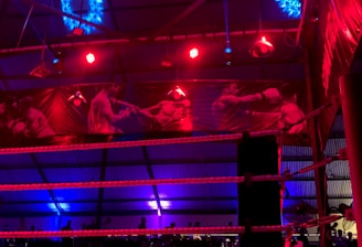 A brightly lit boxing or wrestling ring with vivid red and blue lights. Banners with images of fighters hang from the ceiling. The ropes of the ring are prominently visible, and a stool is placed inside the ring. The arena is filled with an audience, silhouetted against the colorful lighting.